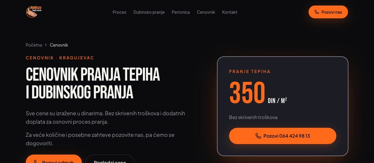 Cenovnik na sajtu Bubbles: pranje tepiha 350 din po kvadratnom metru
