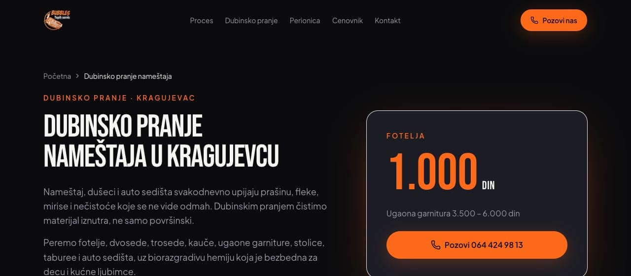 Stranica za dubinsko pranje nameštaja na sajtu Bubbles