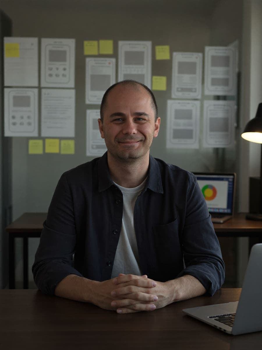 Đorđe Grujović in front of a wall of website sketches
