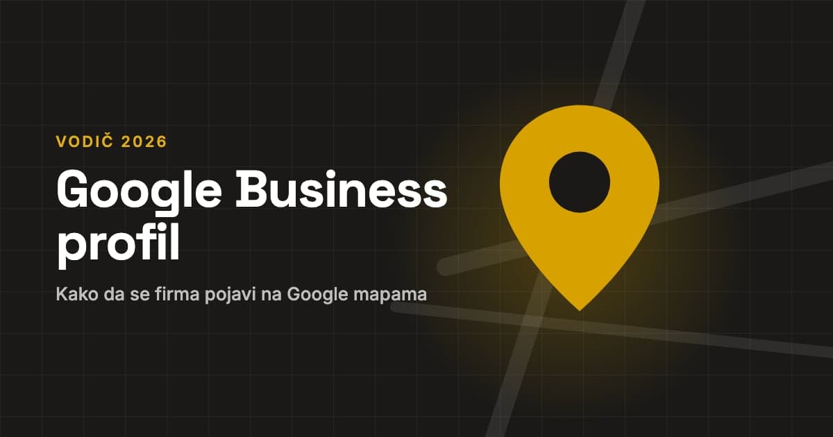 Zlatna oznaka lokacije na tamnoj mapi, sa natpisom Google Business profil